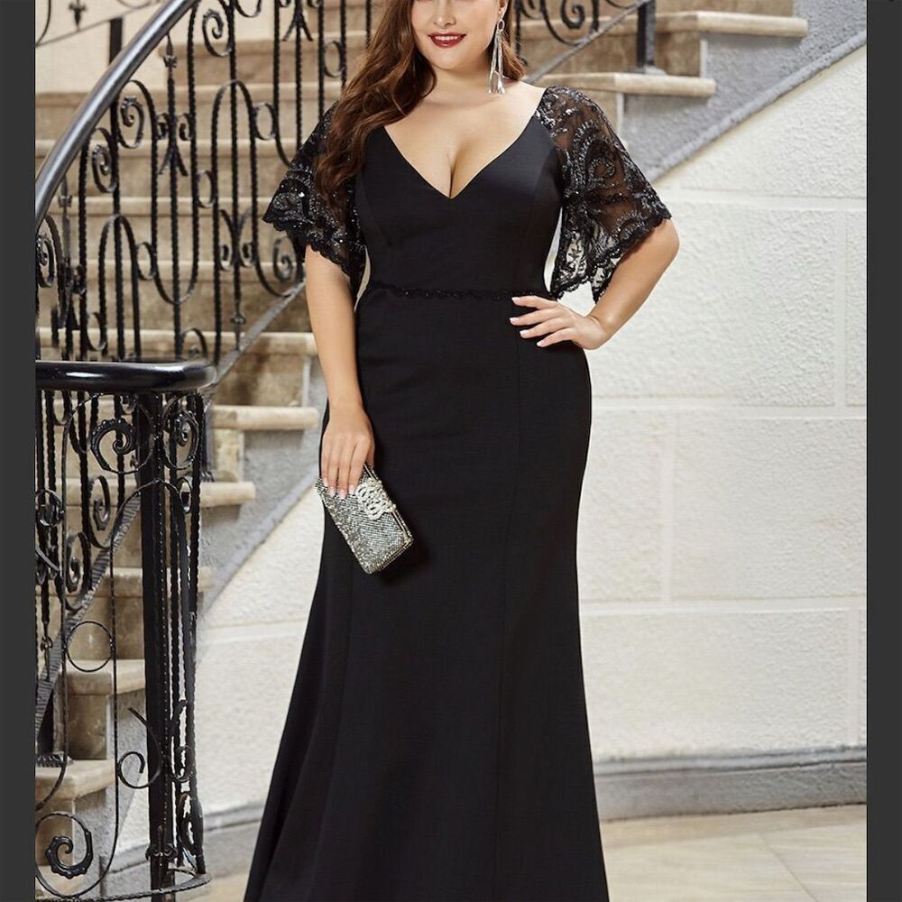 Ever-Pretty‎ Plus V-Neck Black Formal Gown w/ Sequin Sleeves Size M